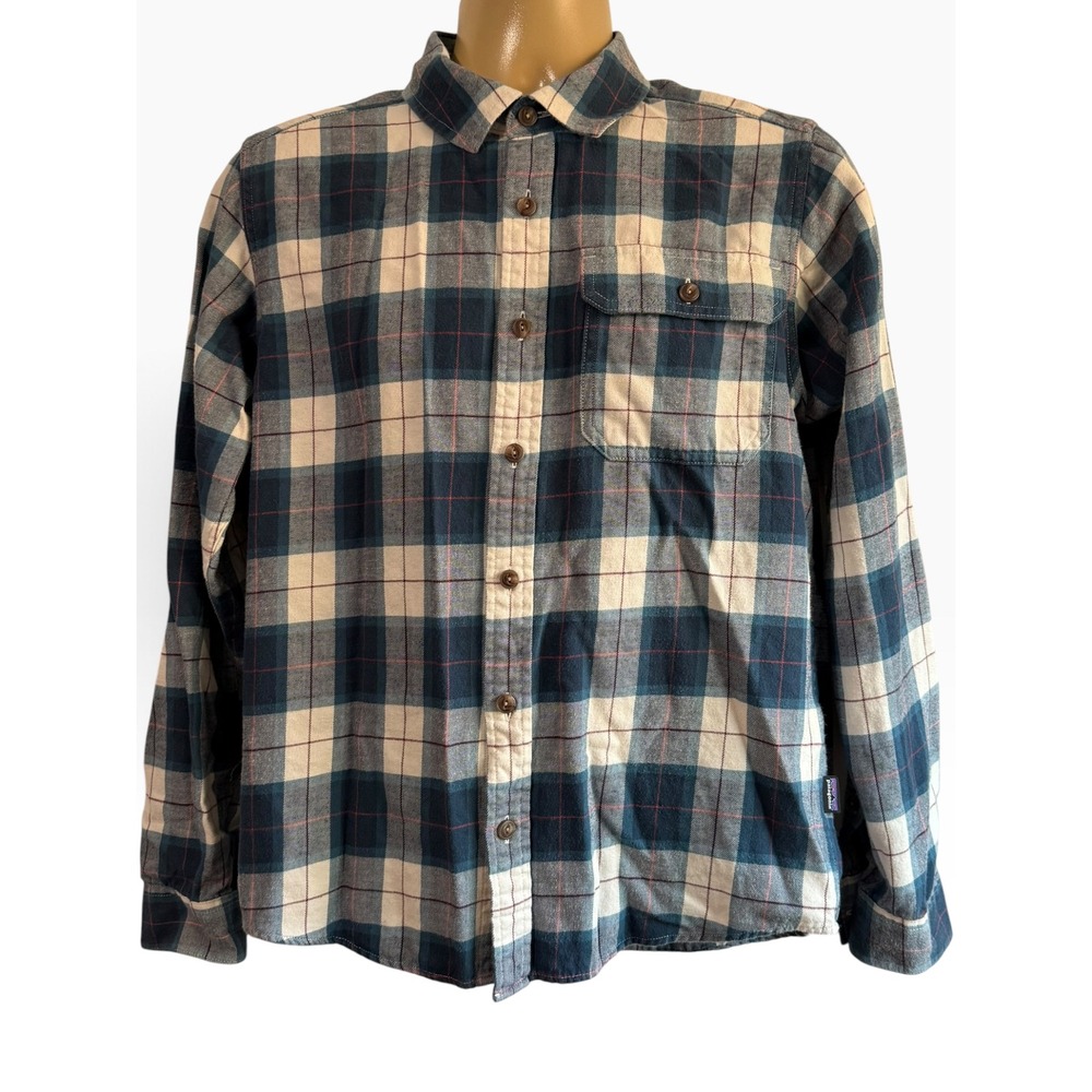 Patagonia Mens Organic Cotton Flannel Plaid Button Down Shirt Blue Cream Small